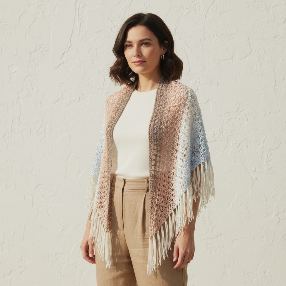 NEW Blue Beige Cream Ombre Hand Knit Shawl Wrap Scarf Boho Hippie Cottage Beachy